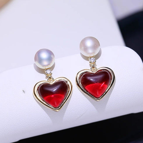 Red Heart Pearl Earrings - Gold Vermeil